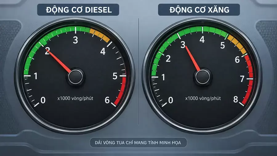 Dải vòng tua vận hành của động cơ Diesel và động cơ xăng