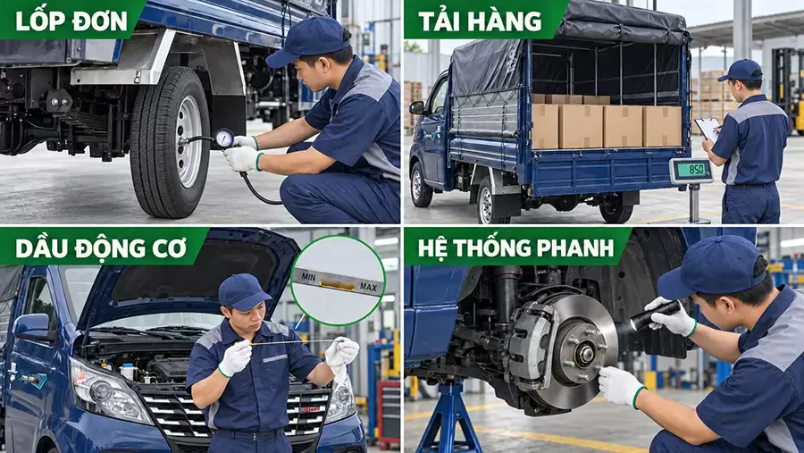 Kiểm tra lốp, tải hàng và tình trạng kỹ thuật của xe