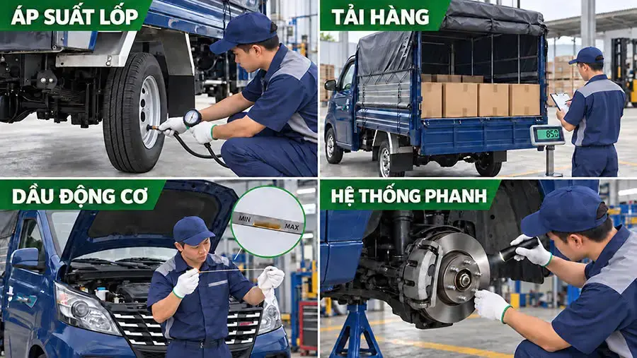 Kiểm tra lốp, tải hàng và tình trạng kỹ thuật của xe