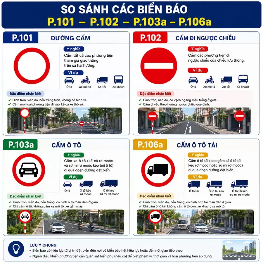 Phân biệt biển cấm ô tô với các biển báo dễ nhầm
