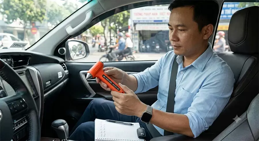 Kiểm tra búa thoát hiểm trước khi trang bị trên xe