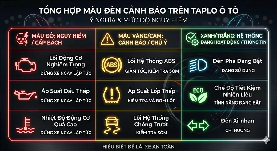 Phân loại màu đèn cảnh báo trên taplo ô tô và mức độ nguy hiểm tương ứng