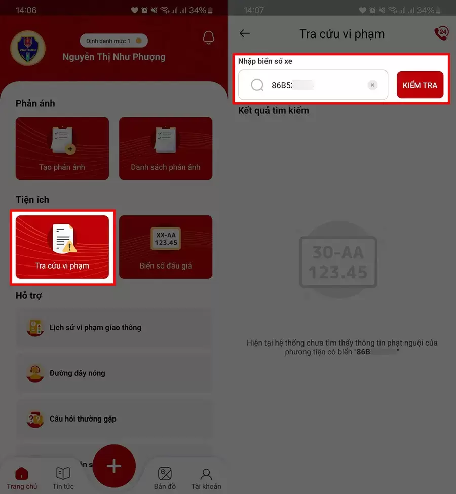 Chọn mục Tra cứu vi phạm, nhập biển số xe ô tô và tiến hành kiểm tra