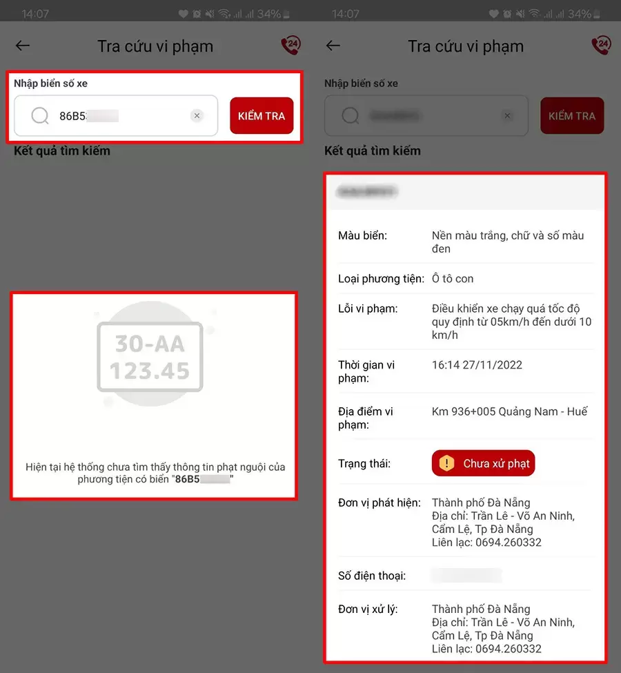 Nếu xe có vi phạm, hệ thống sẽ hiển thị lỗi, thời gian, địa điểm và trạng thái xử phạt