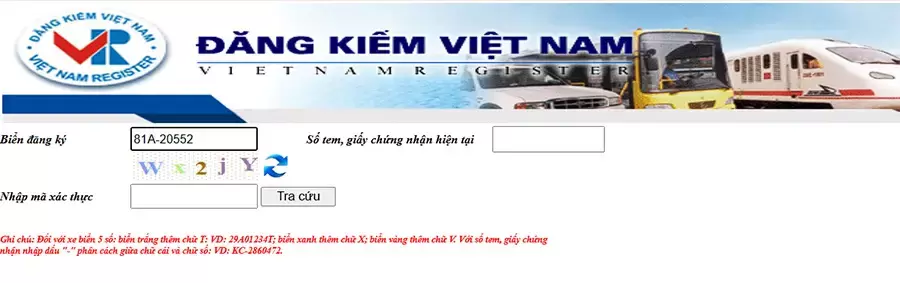 Giao diện tra cứu phạt nguội của Cục Đăng kiểm Việt Nam