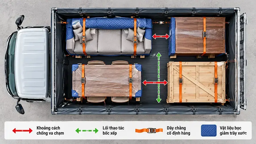 Mô phỏng cách bố trí nội thất, khoảng chống va chạm và lối thao tác trong thùng xe