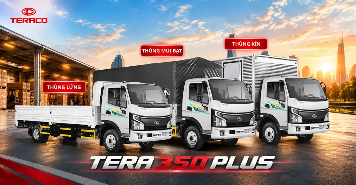 xe tải TERA 350 Plus với các loại thùng khác nhau gồm thùng lửng, thùng kín và thùng mui bạt.