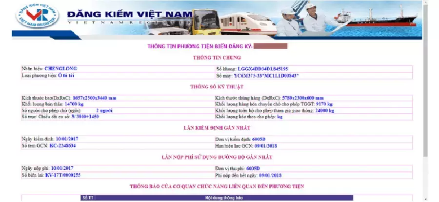 Các thông tin nhận được sau khi tra cứu trên website cục đăng kiểm Việt nam