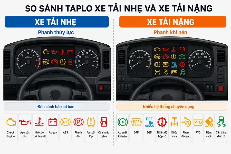 Đèn cảnh báo trên xe tải nhẹ và xe tải nặng có sự khác biệt