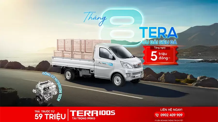 Tháng 8/2025 giá xe tải Tera100S thùng kín ưu đãi 5.000.000 đồng tiền mặt