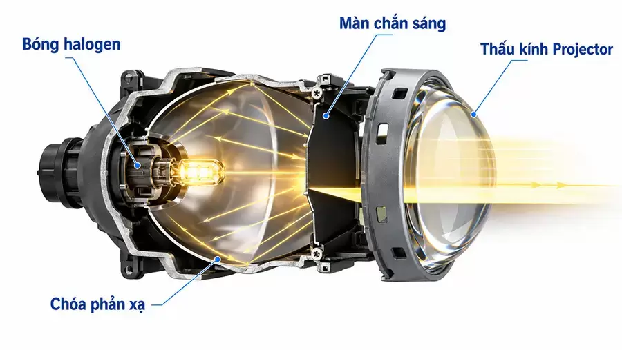Cấu tạo cơ bản của cụm đèn Halogen Projector