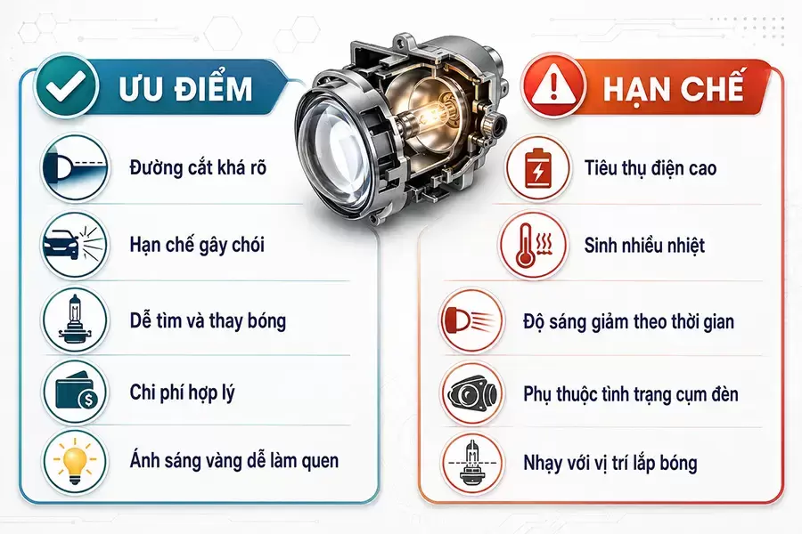 Ưu điểm và hạn chế của đèn Halogen Projector trên ô tô