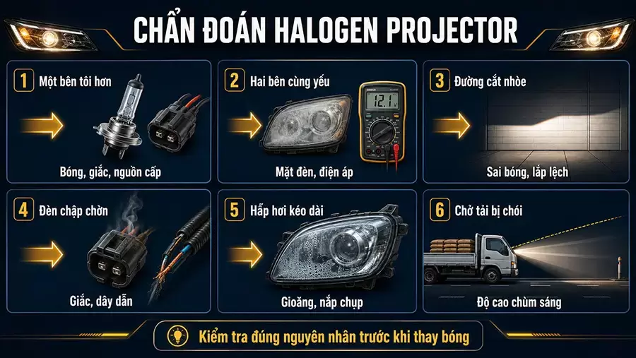 Chẩn đoán lỗi Halogen Projector theo hiện tượng thực tế