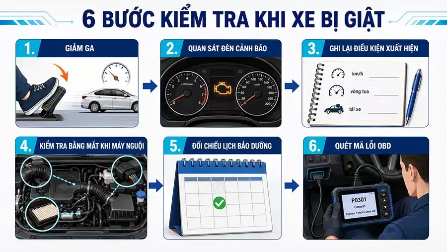 Sáu bước kiểm tra khi xe ô tô bị giật lúc tăng ga