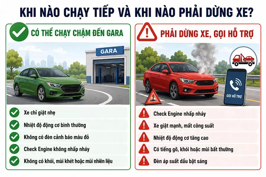Khi nào xe bị giật có thể chạy tiếp hoặc phải dừng lại