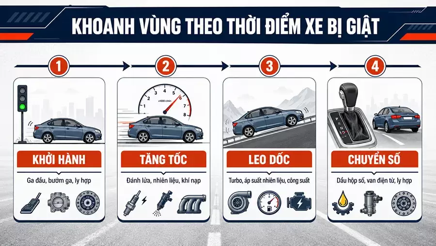 Khoanh vùng nguyên nhân xe bị giật theo thời điểm xuất hiện