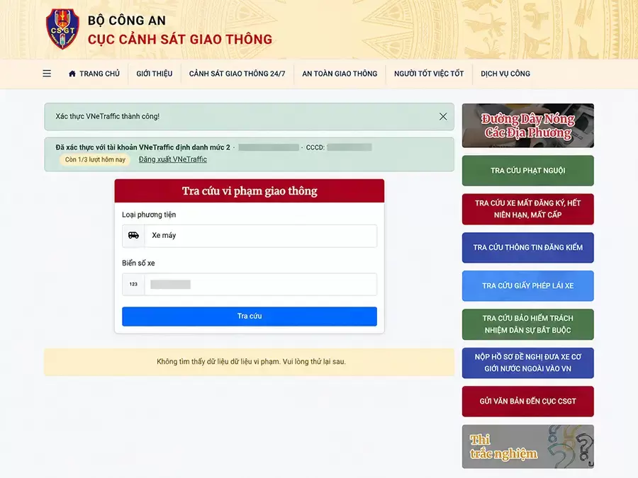 Kết quả tra cứu trường hợp không phát hiện vi phạm 