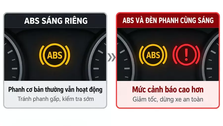 ABS sáng cùng đèn phanh cần được kiểm tra sớm