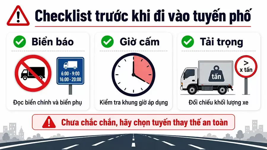 Kiểm tra biển chính và biển phụ trước khi vào tuyến phố