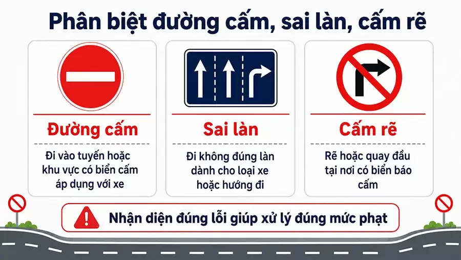 Đường cấm, sai làn và đi ngược chiều là các lỗi khác nhau