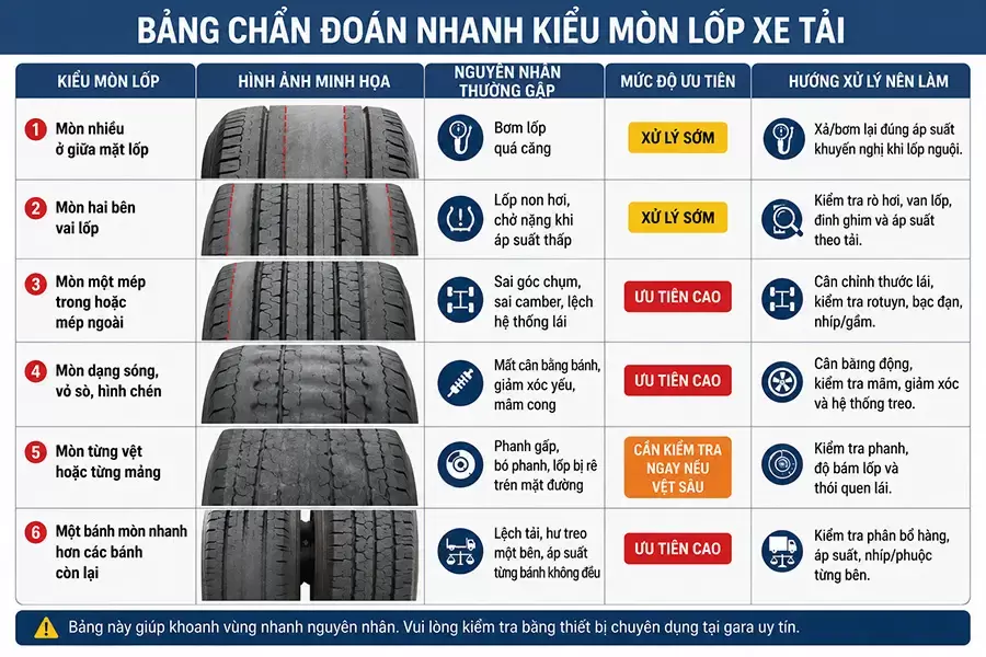 Cách nhận biết nhanh các kiểu mòn lốp xe tải