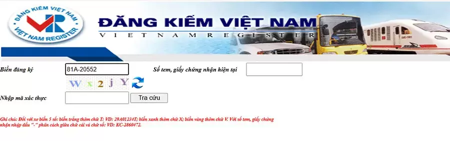 Giao diện tra cứu phạt nguội của Cục Đăng kiểm Việt Nam
