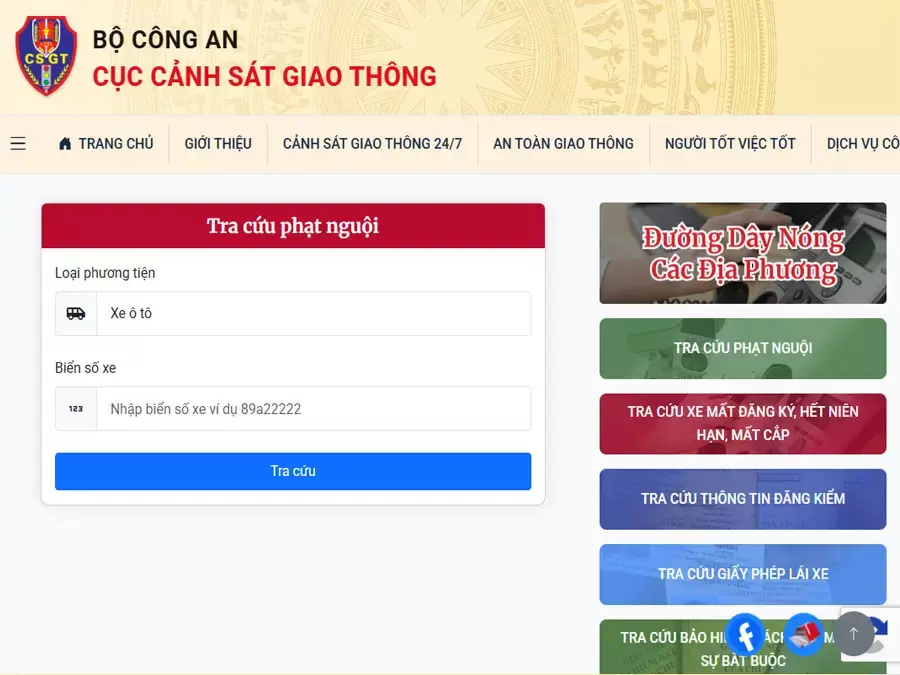 Giao diện tra cứu phạt nguội trên website Cục CSGT