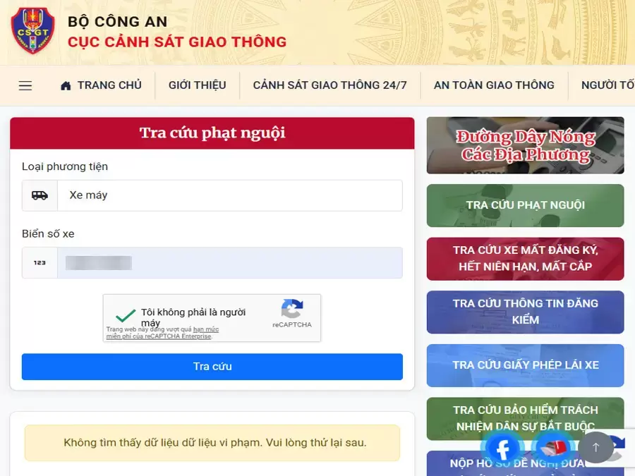 Tra cứu phạt nguội chưa có kết quả do dữ liệu chưa cập nhật