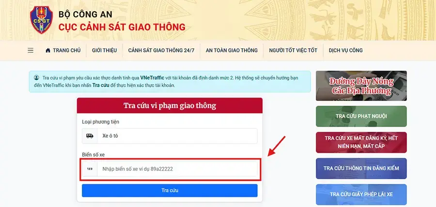 Nhập biển số để tra cứu phạt nguội Cục cảnh sát giao thông