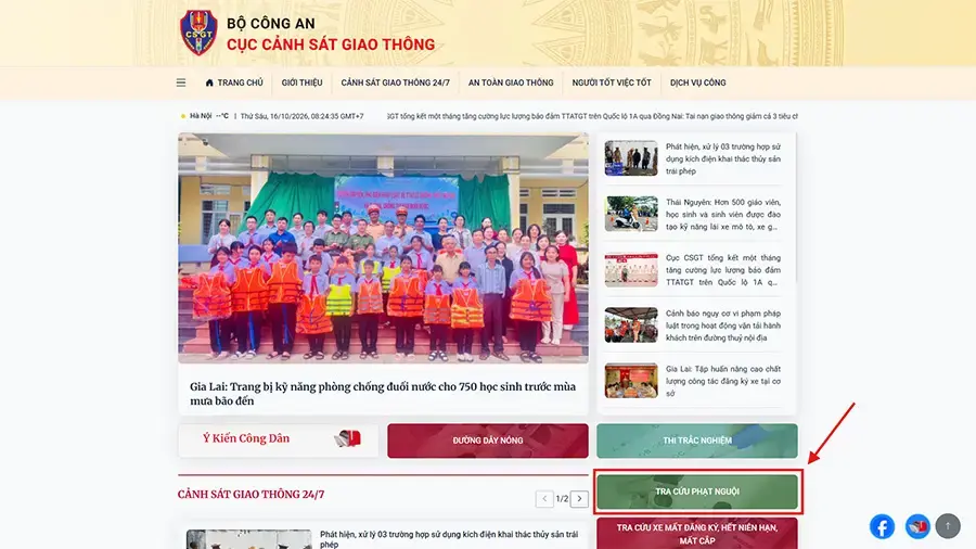 Chọn mục tra cứu phạt nguội Cục cảnh sát giao thông trên trang chủ
