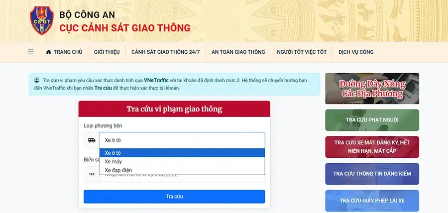 Chọn loại xe khi tra cứu phạt nguội cảnh sát giao thông