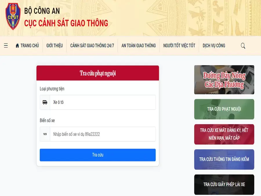 Giao diện website Cục Cảnh sát giao thông tra cứu phạt nguội toàn quốc