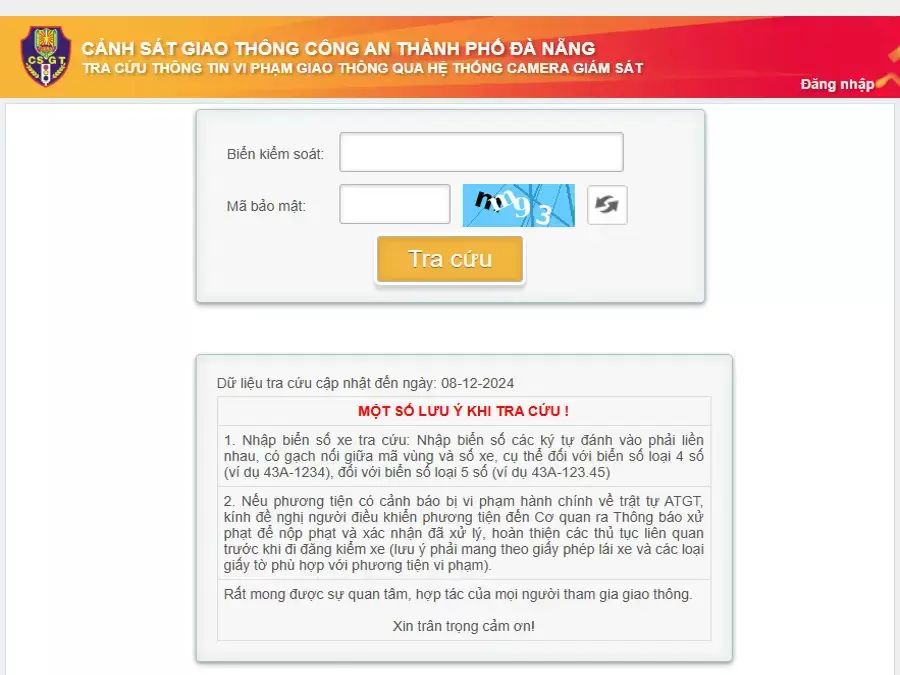 Cổng thông tin Công an thành phố Đà Nẵng hỗ trợ tra cứu phạt nguội