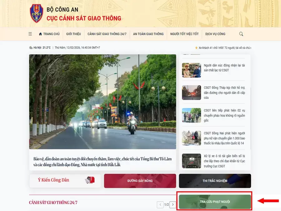 Truy cập đúng mục tra cứu phạt nguội Hà Nội trên website Cục Cảnh sát giao thông