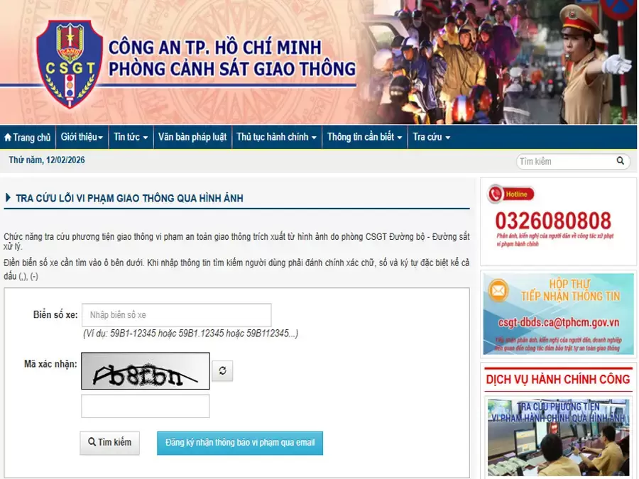 Mục Tra cứu vi phạm qua hình ảnh trên Cổng thông tin CSGT TP HCM