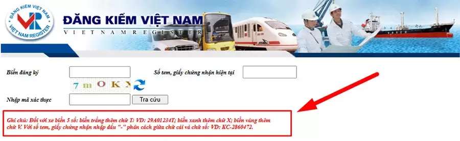 Bảng ghi chú cách nhập biển số và số tem trên hệ thống Cục Đăng kiểm