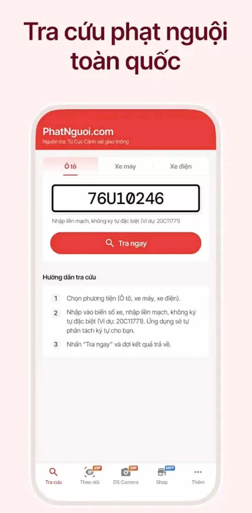 Nhập biển số xe và tra cứu