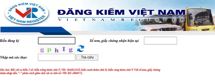 Giao diện tra cứu vi phạm giao thông trên website Cục Đăng kiểm