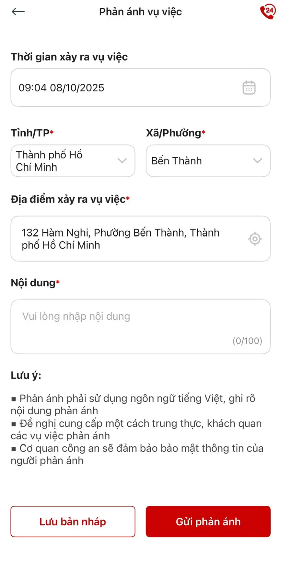 Giao diện tính năng tạo phản ánh giao thông trên app VNeTraffic
