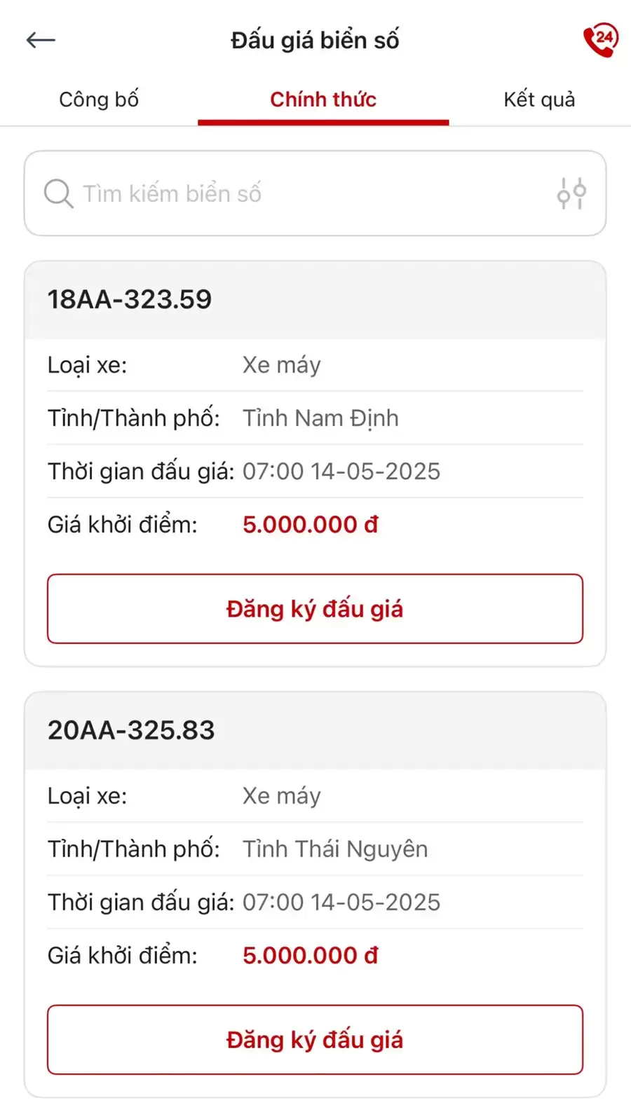 Người dùng có thể đấu giá biển số xe trực tiếp qua app VNeTraffic