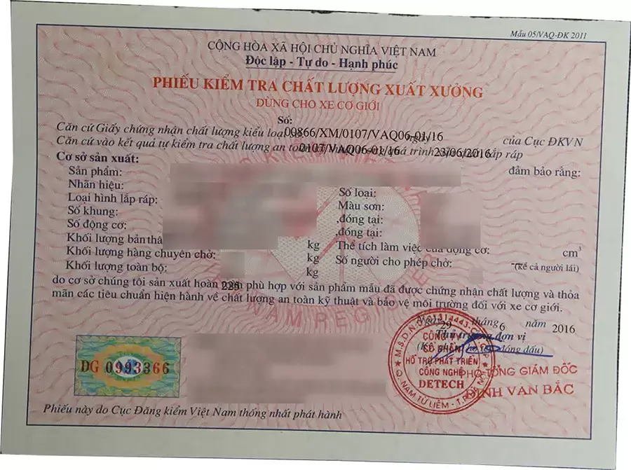 Phiếu kiểm tra xuất xưởng