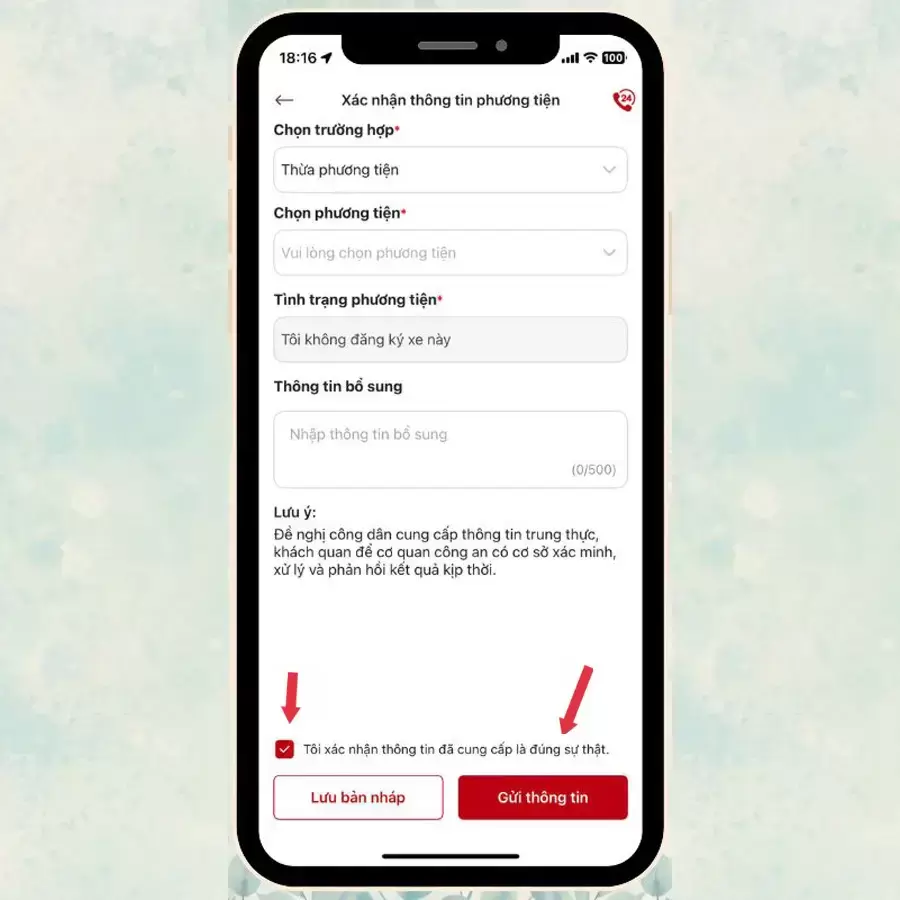 Gửi yêu cầu xác thực thông tin xe trên hệ thống