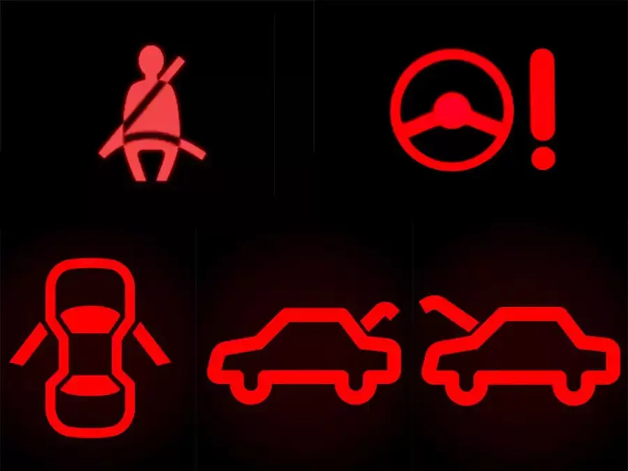 Ba đèn đỏ cảnh báo  dây đai, trợ lực lái, và cửa xe